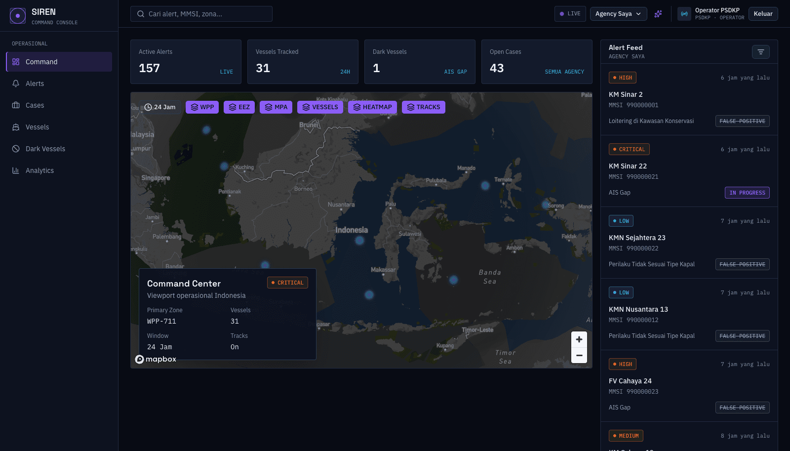 Tampilan dashboard SIREN dengan peta kapal dan alert feed